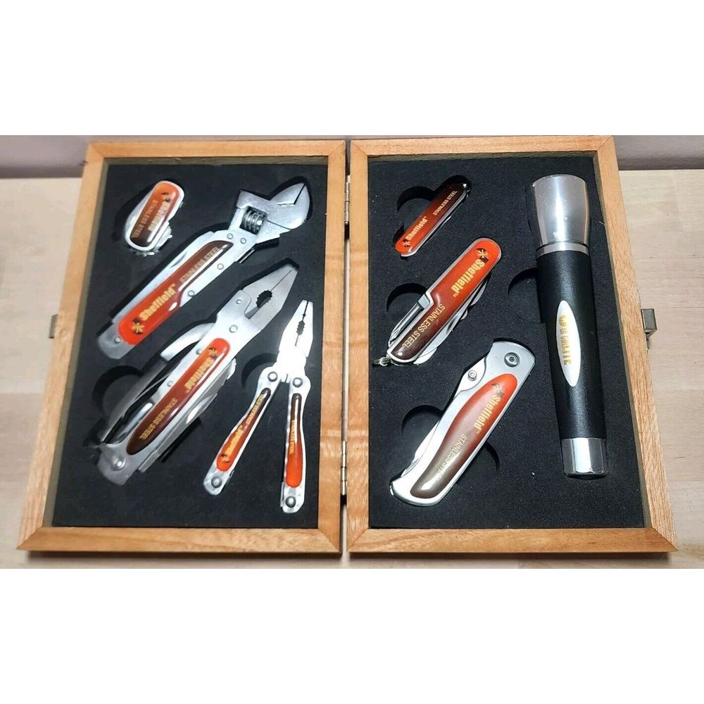 Sheffield Stainless-Steel 8-Piece Folding Multi-Tool Set in Wood Box
